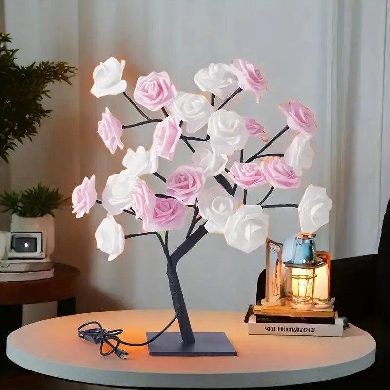 USB Pink Rose Tree Night Light for Bedroom Decor