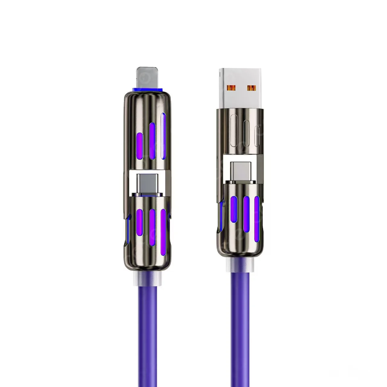2pcs,240W 4-in-1 USB C Multi Charger Cable with LED Indicator,6.6ft, PD 5A Fast Charging & Data Sync, Silicone, Compatible for iPhone, Samsung, Laptop