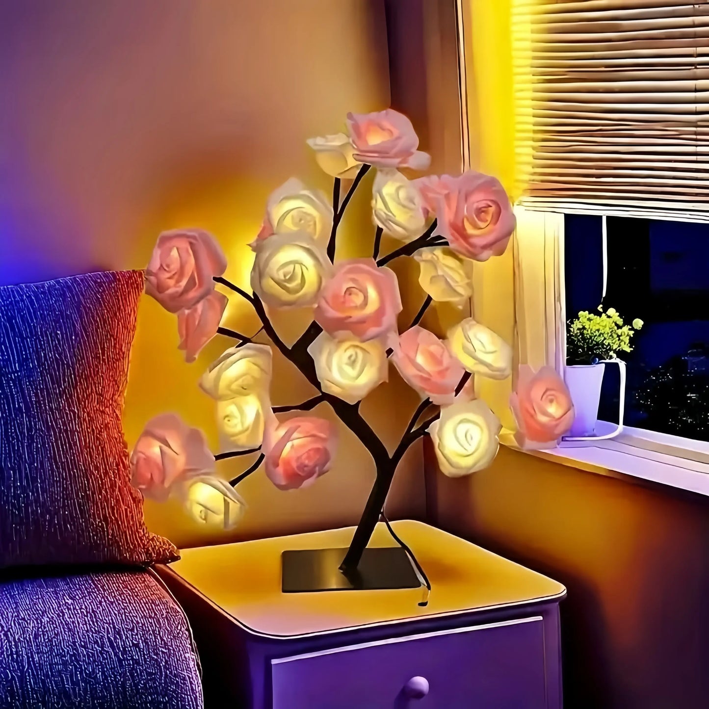 USB Pink Rose Tree Night Light for Bedroom Decor
