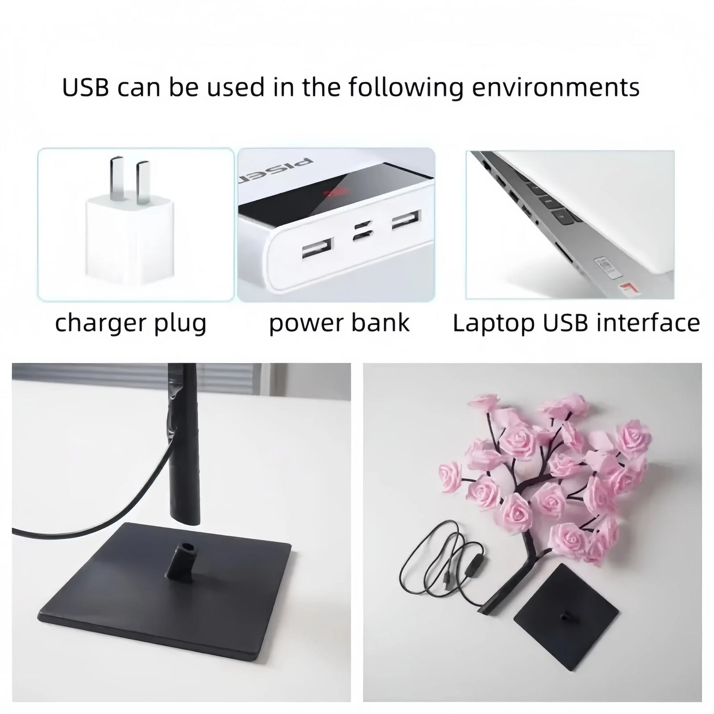 USB Pink Rose Tree Night Light for Bedroom Decor